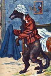 Le loup met les vêtements de la grand-mère. Illustration anonyme pour « Le Petit Chaperon rouge », conte de Charles Perrault (1628-1703), écrivain français. Imagerie Marcel Vagne, Jarville Nancy, fin du XIXe siècle.