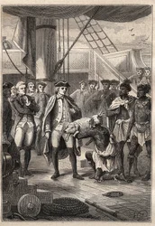 Troisième voyage (1776-1779) du capitaine James Cook (1728-1779) : le prêtre Koah offre un petit cochon à Cook, à bord du navire Resolution (Hawaï) - illustration tirée de 