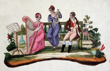 Trois personnes jouant des instruments de musique dans un jardin : harpe, lyre, viole. Gravure sd. du 18e siècle.