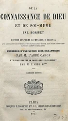 Page de titre de La connaissance de Dieu et de soi-même par le théologien et évêque français Jacques-Bénigne (Jacques Benigne) Bossuet (1627-1704). 1857.