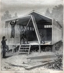Constructions en carton transportables: ambulances démontables, système inventé par le commandant Espitallier - Gravure dans « La Science française »