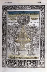 Triomphe de la renommée de Francesco Petrarca (Pétrarque). Miniature sd. Bibl. Trivulziana, Milan
