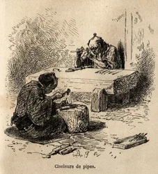 Deux ouvriers, chacun avec un marteau et un poinçon, sculptent des tuyaux en métal dans leur atelier. Gravure pour illustrer le voyage au Japon, par Aimé Humbert, ministre de la Confédération suisse, en 1863-1864, publié dans "Le tour du monde", sous la di