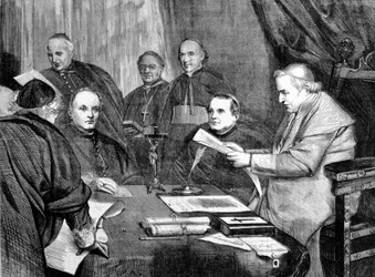 Concile Vatican I. Le pape Pie IX entouré des membres du Conseil. 1869