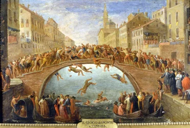 Venise, le jeu du pont. Peinture anonyme. 18ème siècle. Collection privée.