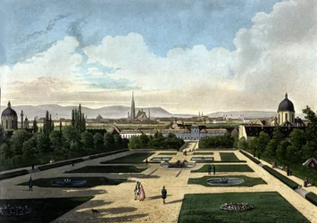 Vue du Belvédère de Vienne, palais baroque autrichien construit par Eugène de Savoie. Lithographie du 19ème siècle