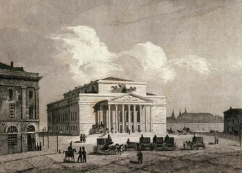 Vue du Théâtre Bolchoï à Moscou, Russie en 1838. Gravure du XIXe siècle