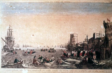 Vue de la ville et du port de Tunis en barbarie sur la mer Méditerranée - Pirates capturés arrivant au port de La Goulette à Tunis. Gravure du 18ème siècle