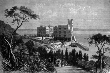 Vue du château de Miramare à Trieste (pendant la période autrichienne), gravure de 1885