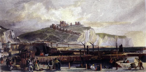 Vue de la ville de Douvres et de ses hautes falaises de craie blanche en Angleterre. 1850.