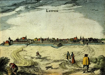 Vue de la ville de Leipzig en Allemagne. Gravure du 18ème siècle