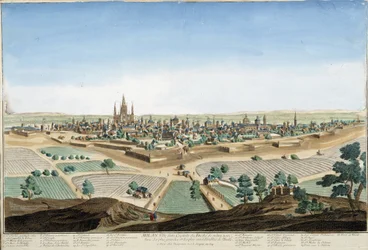 Vue de la ville de Milan, Italie avec la cathédrale et les fortifications. Gravure du 18ème siècle