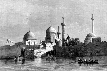 Vue de la mosquée de Mossoul (Ninive) en Irak. Gravure du 19ème siècle.