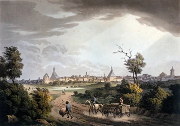 Vue des environs de la ville de Leipzig en Allemagne vers 1820