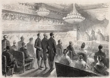 Visite de Guillaume Ier de Prusse à Compiègne : spectacle de gala au théâtre du palais en présence de Napoléon III - Gravure dans « Le Monde Illustré »