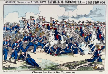 Guerre de 1870-1871 : vue de la bataille de Froeschwiller (ou Reischoffen) et la charge des cuirassiers, 6/08/1870 (reprise de Woerth). Gravure du 19ème siècle. Paris, B.N.