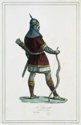 Guerrier Kalmouk (peuple mongol de Sibérie méridionale) - dans « Les différents peuples de la terre » par Abbé P. Jouhanneaud, Librairie des Bons livres, Limoges
