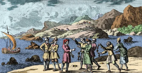 Sorcières et croyances : Finlandais et Samis provoquant une tempête par la magie de trois nœuds. Gravure de "Mundi Mirabilis Oeconomia" par Johann Zahn (1631-1707)