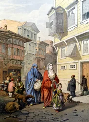 Femmes voilées dans une rue de Constantinople - gravure