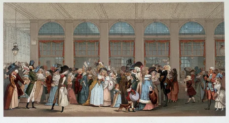 Promenade mondiale dans la galerie de bois du Palais Royal, fin 18e siècle - chromo d