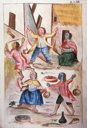 Jeunes Indiens dansant pendant le carnaval, du livre "Trujillo del Perú" ou "Codex Martínez Compañón", par Baltazar Martínez Compañón y Bujanda, évêque de Trujillo (1782-1785)