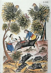 Jeunes Indiens motilones abattant un sanglier, du livre "Trujillo del Peru" ou "Códice Martínez Compañón", par Baltazar Martinez Compañón y Bujanda, évêque de Trujillo (1782-1785)