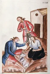 Jeunes Indiens jouant au jeu des coquillages, du livre "Trujillo del Peru" ou "Codex Martínez Compañón", par Baltazar Martinez Compañón y Bujanda, évêque de Trujillo (1782-1785)