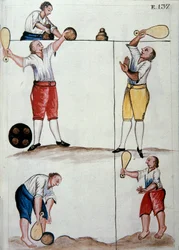 Jeunes métisses jouant à un jeu de balle, du livre "Trujillo del Peru" ou "Codex Martínez Compañón"