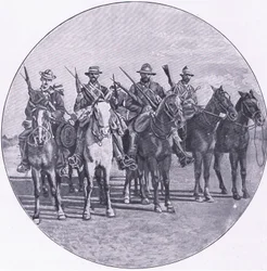 Boers armés de fusils et de parapluies, de Après Pretoria : La guerre de guérilla publiée par Harmsworth Bros Limited