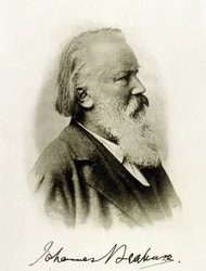 Portrait de Johannes Brahms (1833 - 1897), compositeur allemand sur une photographie autographe