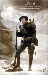 Carte postale de la Première Guerre mondiale, chasseur alpin. "Croyez ce que dit le petit Alpin, le militarisme aura raison de lui. (photo)