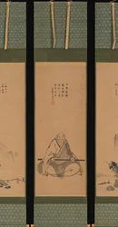Maître Zen avec bâton de méditation, et paysages de style chinois, probablement fin des années 1620-1644