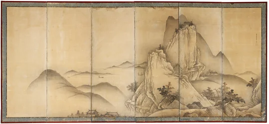Paysage avec voyageurs sur des chemins de montagne