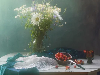 Fleurs sauvages et cerises – Nature morte