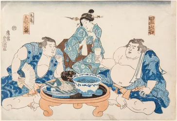 Les lutteurs de sumo Kuroiwa et Zogahana avec une geisha