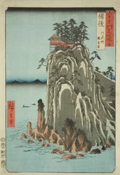 Province de Bingo : Temple Kannon à Abuto (Bingo, Abuto, Kannondo), de la série "Lieux célèbres des soixante et quelques provinces (Rokujuyoshu meisho zue)"