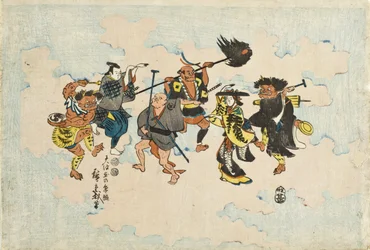 Personnages de peintures populaires Ōtsu-e dansant le Bon-odori