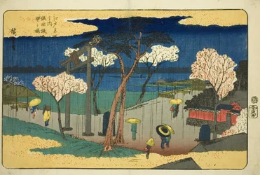 Fleurs de cerisier sous la pluie à la digue de Sumida (Sumida zutsumi uchu no sakura), de la série "Lieux célèbres à Edo (Edo meisho no uchi)"