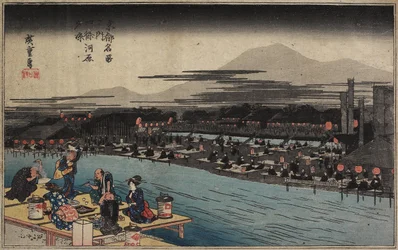 La fraîcheur du soir sur la rive de la rivière Shijo, v. 1834