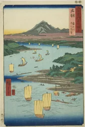 Province de Dewa : Rivière Mogami et Vue Lointaine du Mont Gassan (Dewa, Mogamigawa, Gassan enbo), de la série "Lieux célèbres des soixante provinces (Rokujuyoshu meisho zue)"