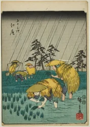 Ejiri, de la série "Les cinquante-trois stations [du Tokaido] (Gojusan tsugi)," également connue sous le nom de Figure Tokaido (Jinbutsu Tokaido)