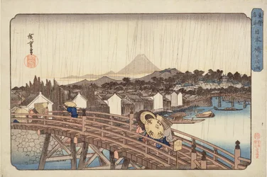 Averse du soir au pont Nihonbashi, des Lieux célèbres de la capitale orientale vers 1832
