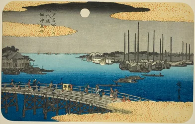 Bateaux de pêche près du pont Eitai dans la baie de Tsukuda (Eitaibashi Tsukuda oki isaribune), de la série "Lieux célèbres d