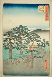 Fujisawa : Mont Fuji à gauche depuis le bosquet de pins Nanki, no. 7 de la série "Lieux célèbres des cinquante-trois stations"