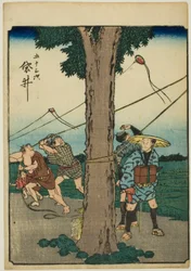 Fukuroi, de la série "Les cinquante-trois stations [du Tokaido] (Gojusan tsugi)", également connue sous le nom de Tokaido avec figures (Jinbutsu Tokaido)
