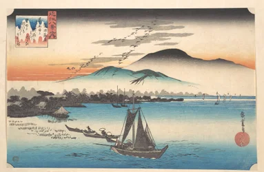 Oies se posant à Katada, lac Biwa