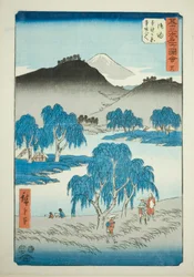 Goyu : Plaine de Motono et col de Motosaka (Goyu, Motonogahara Motozaka goe), n° 36 de la série "Vues célèbres des cinquante-trois stations (Gojusan tsugi meisho zue)", également connue sous le nom de Tokaido vertical