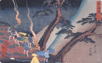 Hiroshige Voyageurs sur un chemin de montagne la nuit 2