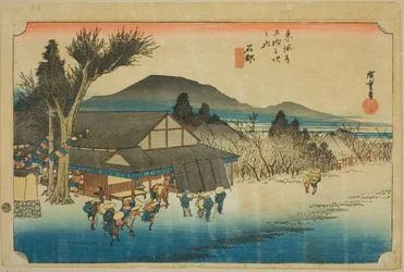 Ishibe: Village de Megawa (Ishibe, Megawa no sato), de la série "Les Cinquante-trois Stations du Tokaido (Tokaido gojusan tsugi no uchi)," également connue sous le nom de Hoeido Tokaido