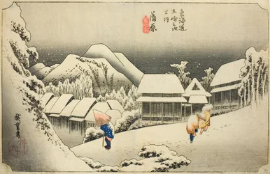Kanbara : Neige du soir (Kanbara, yoru no yuki), de la série "Cinquante-trois stations du Tokaido (Tokaido gojusan tsugi no uchi)", également connue sous le nom de Tokaido Hoeido